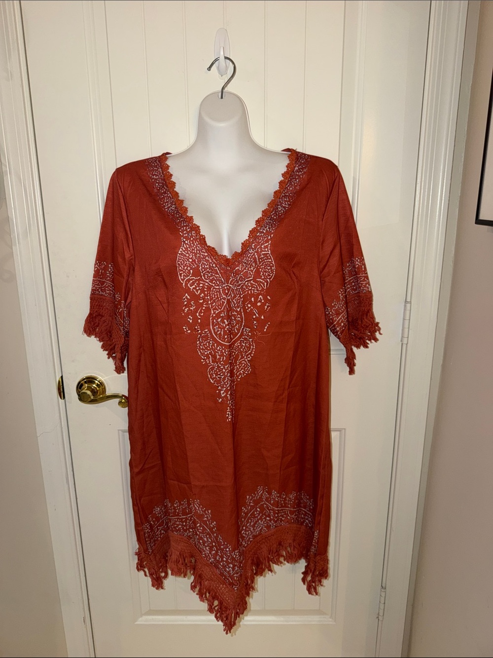 NWOT Rust Embroidered V-Neck Swim Cover-Up with Fringe